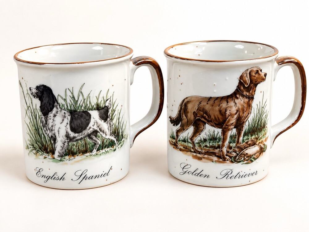 Vintage 1970s Hunting Dog Coffee Mugs Set of 4 Spaniel Pointer Setter Retriever